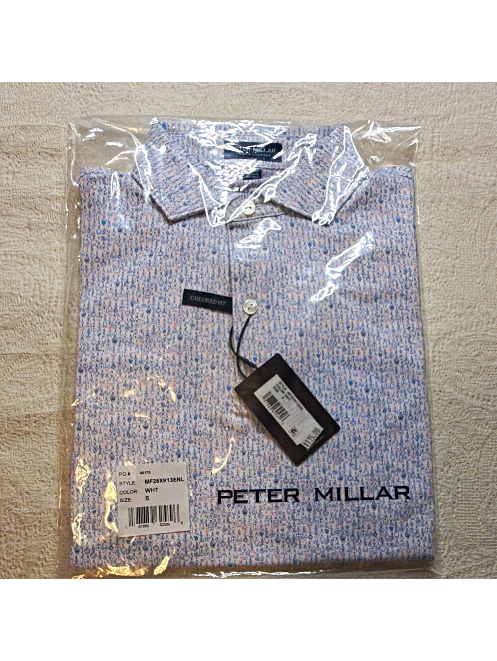 Peter Millar Crown Crafted Men’s S Regular Tailored Geo White/Blue SS Polo